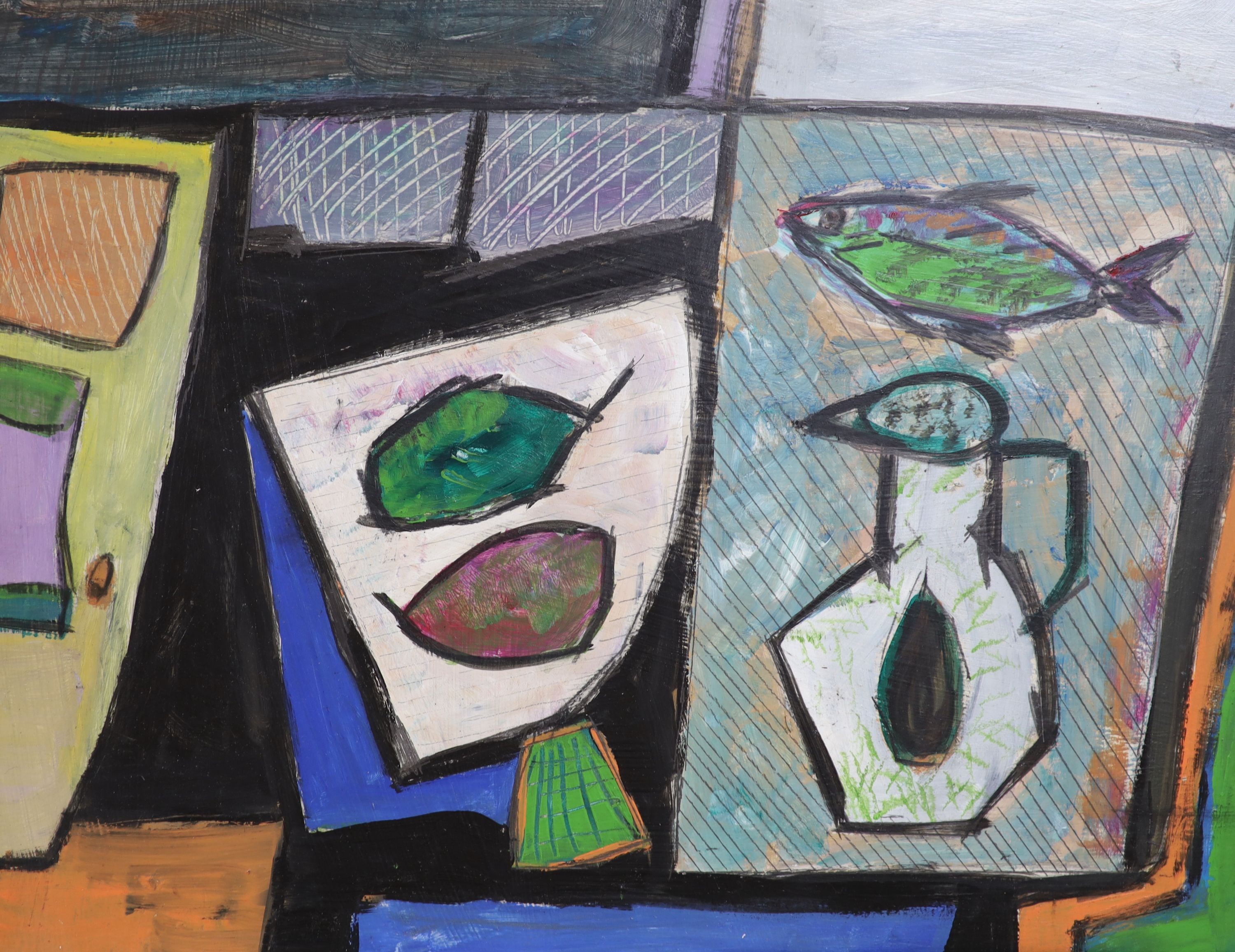 A modern oil on board stylised table top still life, 34 x 45cm